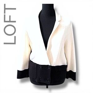 LOFT black ivory color block double breasted knit blazer-like cardigan pockets L